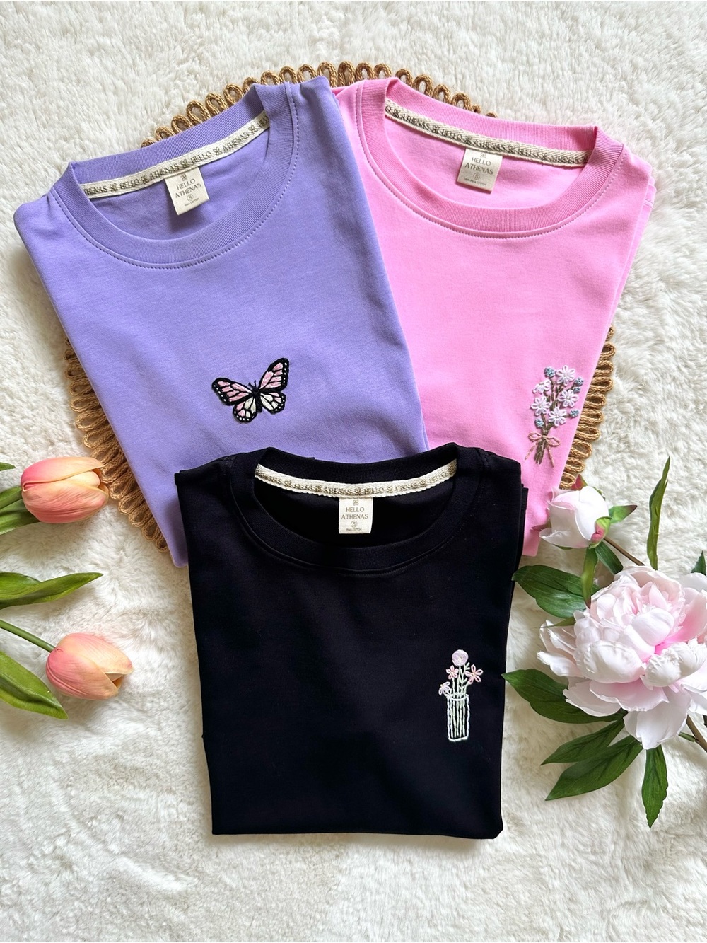 Hello Athenas Women’s 3PACK Pima Cotton Hand Embroidered Tee Short Sleeve S